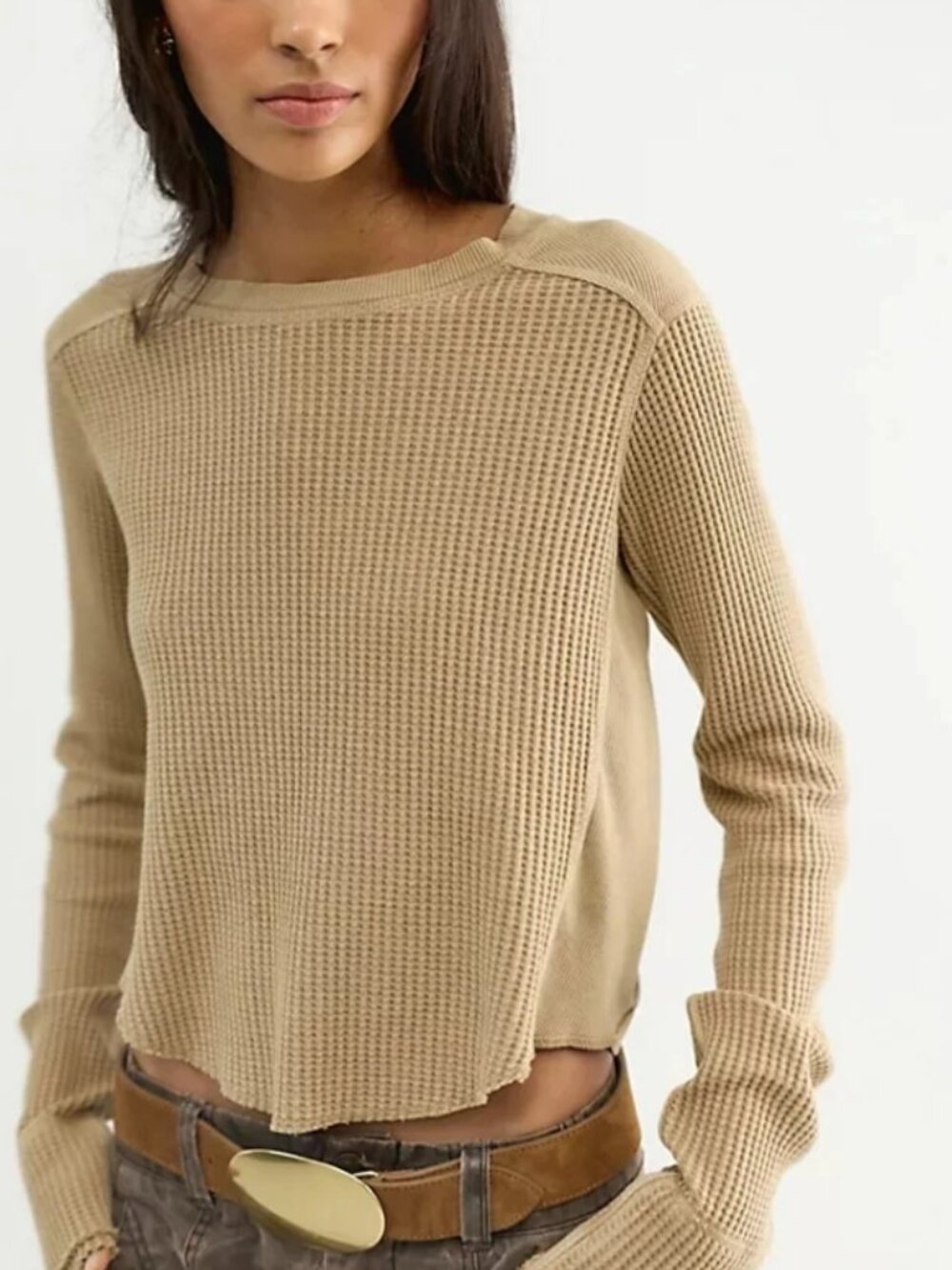 Free People FP One Blake Shrunken Crew Neck Thermal Long Sleeve Top S